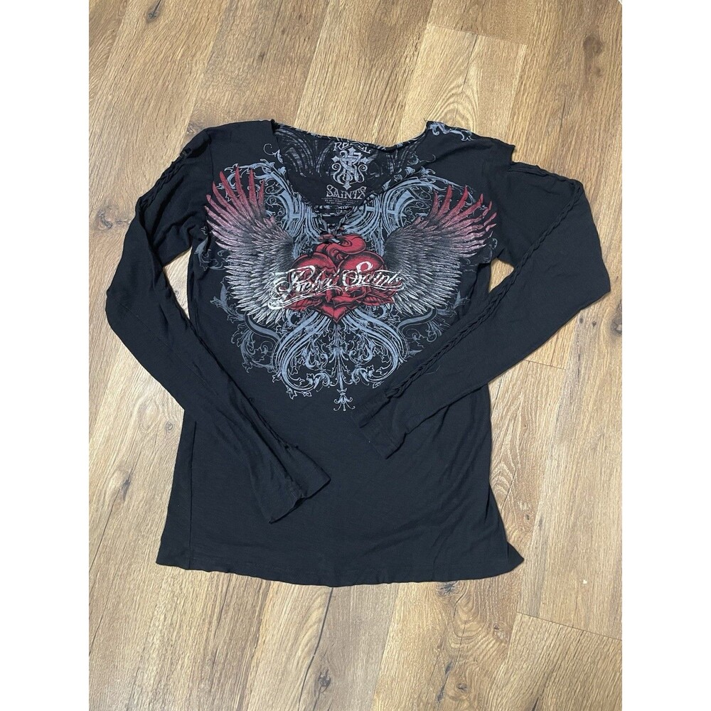 Rebel Saints Large Heavy Distressed Long Sleeve Graphic Y2K, Gothic, Emo Grunge